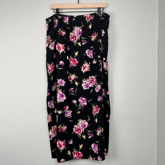 Vtg 90s Maxi Skirt XL Black Floral Straight Line Slit Cottage Granny Teacher Y2K - Picture 6 of 10